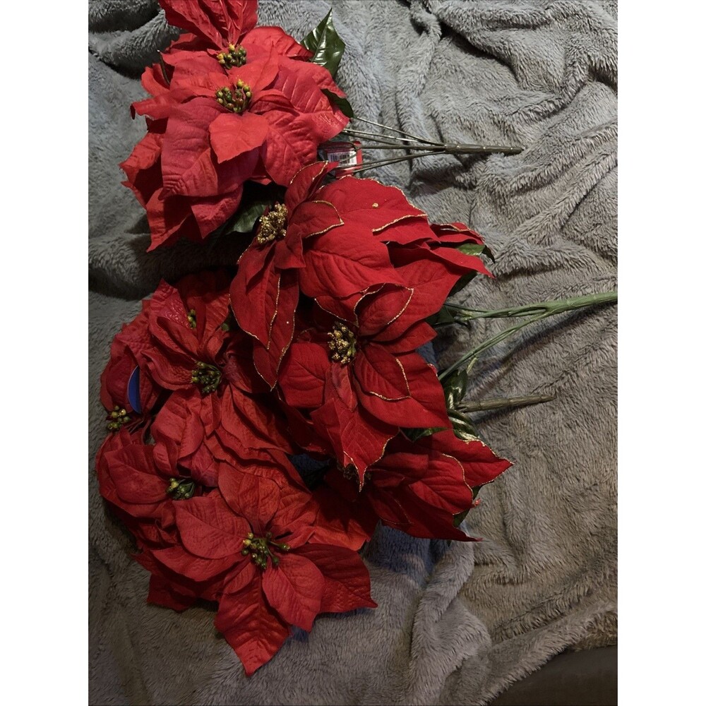 ASHLAND Red Deluxe Poinsettias Lot Of 3 Bunches Artificial Flowers Floral Crafts
